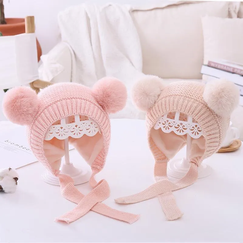 Hair Accessories Winter Warm Knitted Lacing Baby Cap Cute Double Pompom Boy Girl Hat Kids Toddler Ear Protection Beanie Solid Bonnet