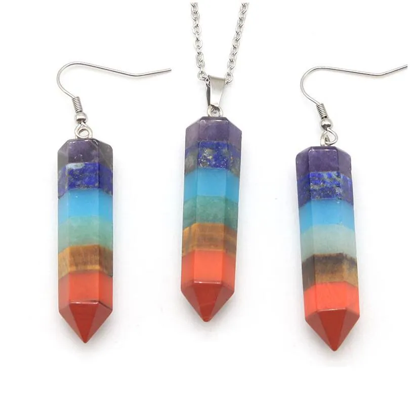 Oorbellen ketting chakra vorm natuursteen hanger set genezing kristal regenboog edelsteen sieraden sets voor vrouwen drop levering dhodb