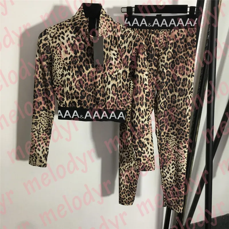 Leopard Print Tracksuit High Neck Sport Tees Letter Elastic Waist Leggings Fashion Brand Womens Sportswear