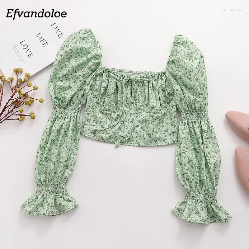 Kvinnors blusar skjortor Kvinnor Puff Sleeve Elastic Green Square Collar Print Croped Tops 2023 Short Stre22