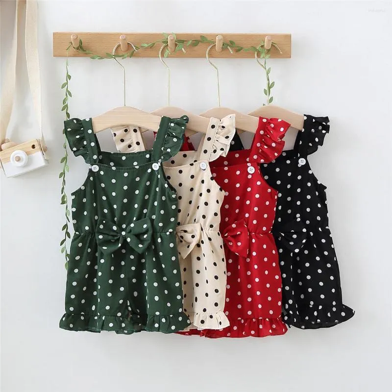 Vestidos de menina 6-24m roupas de verão para bebês Romper infantil garotos bolinhas de bolinhas de pescoço de pescoço sem mangas para meninas verde/damasco/preto/vermelho