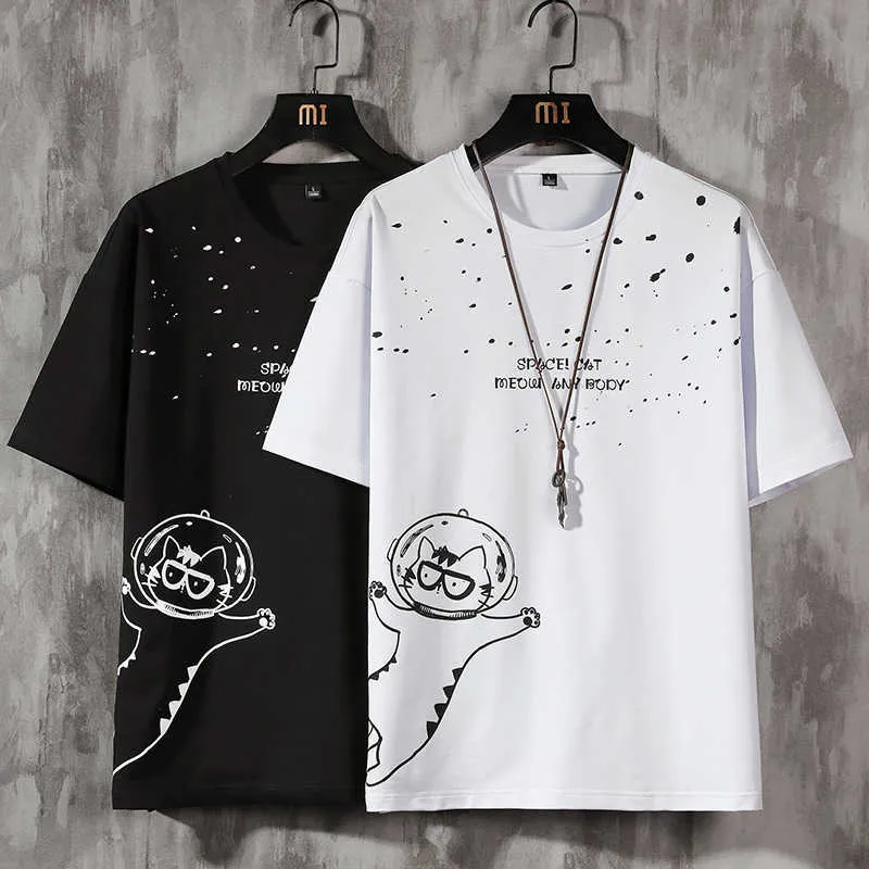 Men's T-Shirts Space Cat Tees Summer Short Sleeves T Shirts Crewneck Casual Funny Tops Harajuku Hip Hop Carttoon Printed T-Shirt 2022 Y2302