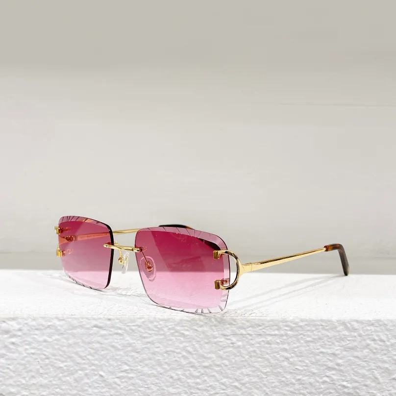 Vintage randloze zonnebril voor mannen goud metaal gesneden lens roze gradiëntglazen sunnies zomers mode zon tinten sonnenbrille UV400 bescherming brillen met case
