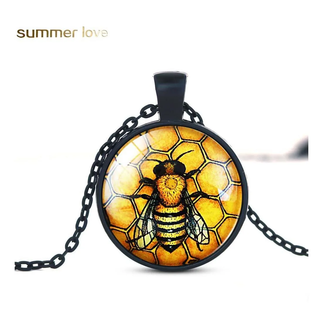 Naszyjniki wisiorek kreatywne pszczoły Naszyjnik szklany kabochon moda biżuteria czarna łańcuch Oświadczenie dla kobiet dostawa upuszcza pe Ot2tq