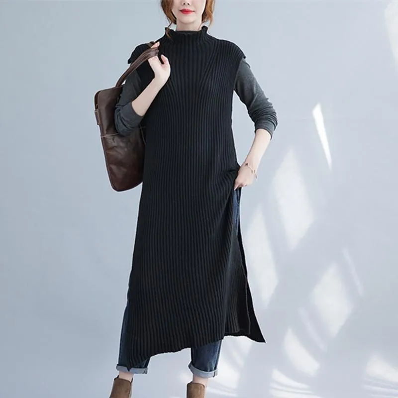Casual Dresses Korea Style Open Split Black Knitted Sweater Dress Sleeveless Office Lady Outwear Work Slim Women Midi Autumn
