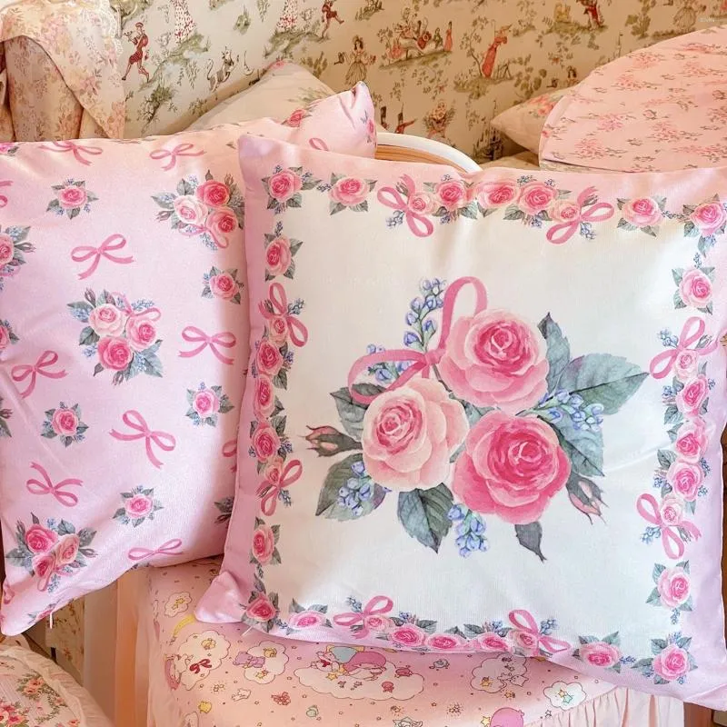 Oreiller de haute qualité, taie d'oreiller rose avec nœud Floral, décoratif pour canapé, imprimé Double face, couverture carrée 40x40