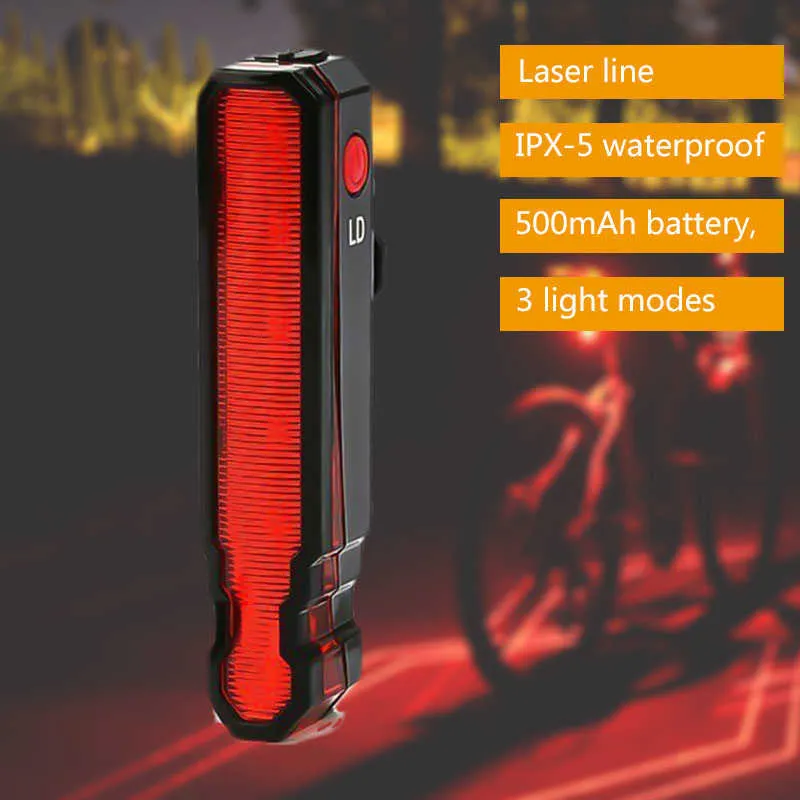 Lights Laser Line Warning Bicycle Taillight 500 mAh USB Rechargeable Lantern bicycle Rear Light MTB Road Bike Back Lamp for Cycling 0202
