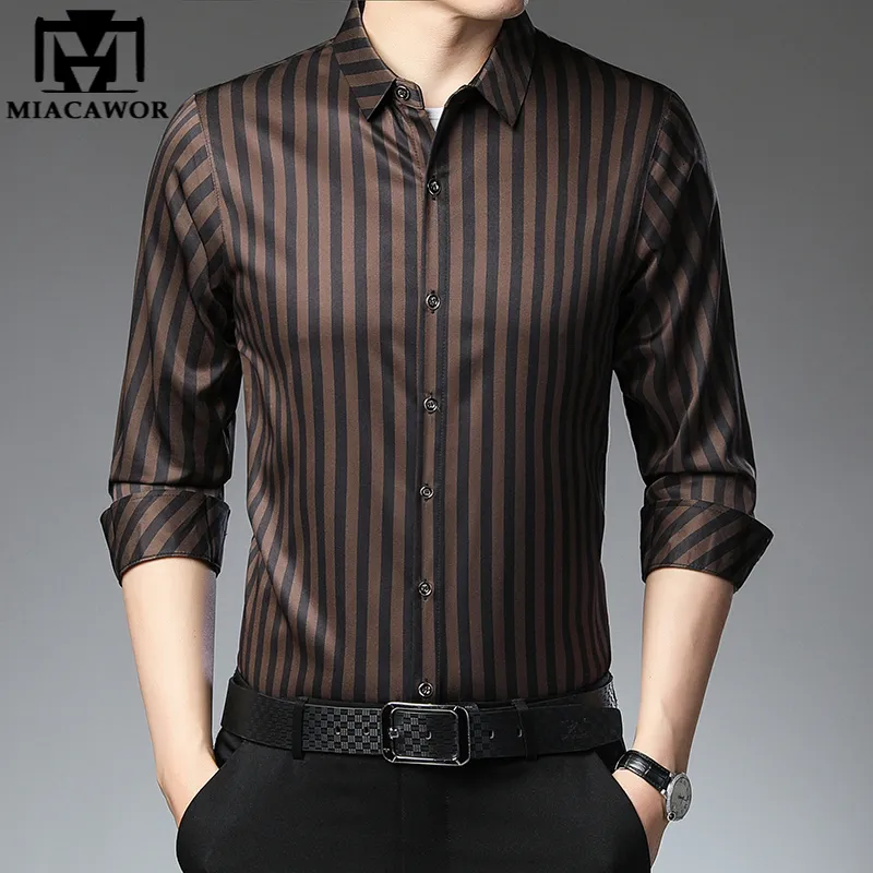 Mens Casual Shirts Brand Designer Luxury Silk Shirts Long Sleeve Dress Shirts Men Korean Slim Fit Casual Striped Camisa Masculina C844 230202