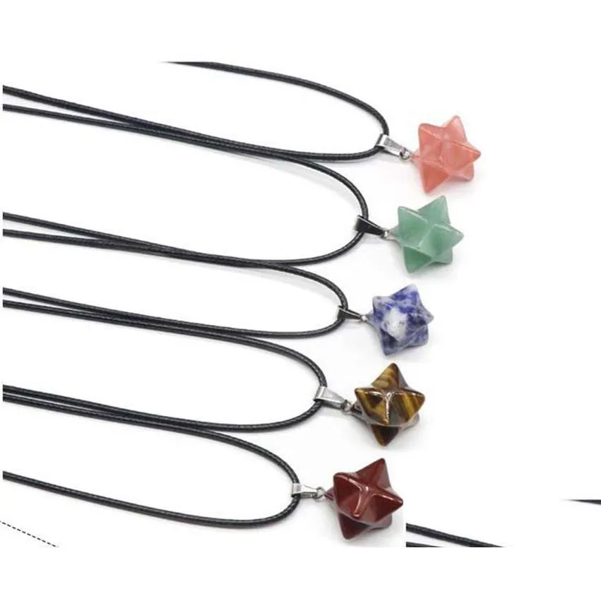 Hangende kettingen Star Point Merkaba Symbool Natuurlijke stenen ketting Zwarte lederen ketting Crystal Quartz Healing Meditatie Cube Gemsto Dhyg3