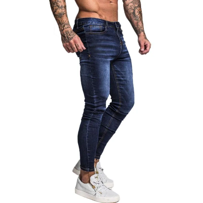 Heren jeans blauw merk mannen slank fit super dun voor hiphop street slijtage been mode stretch broek drop