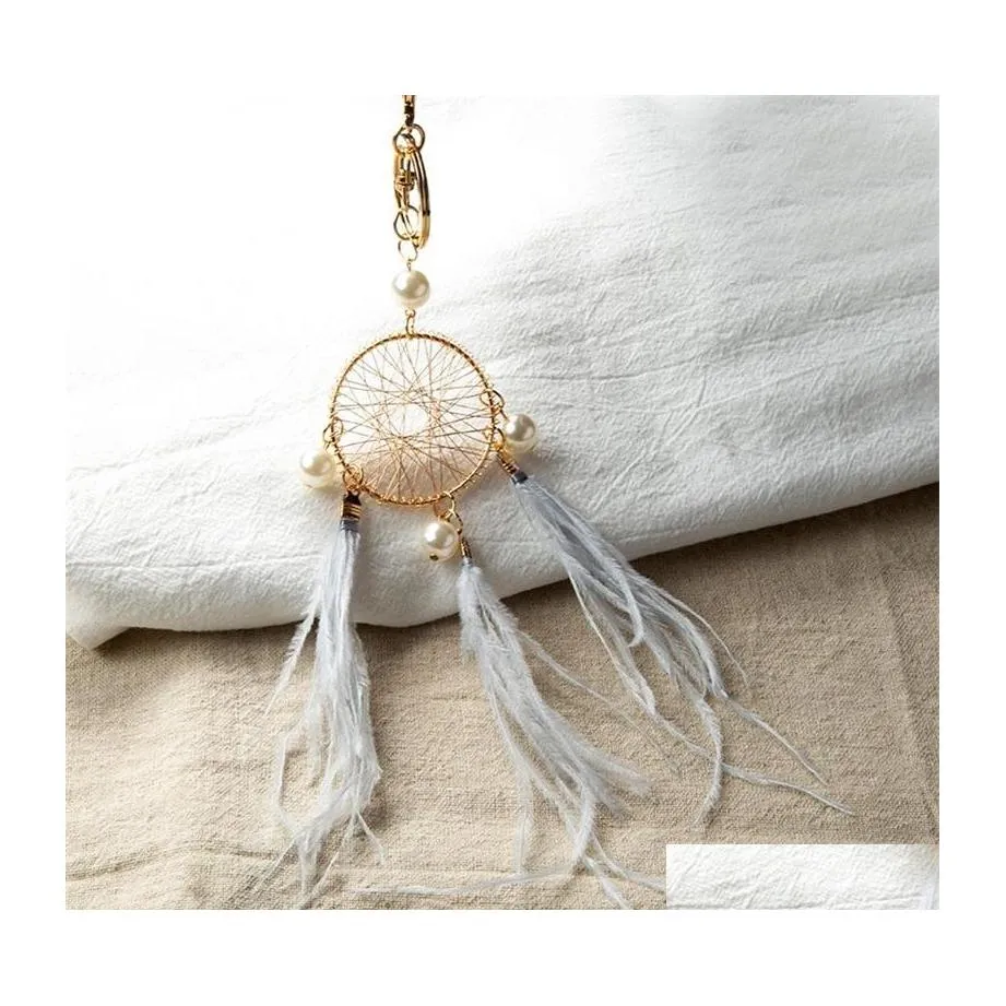 Key Rings Pearl Feather Chains Holder Dreamcatcher Pendants Car Keychain for Girls Women Bag Hanging Fashion Charm Accessories 906 D DHOG2