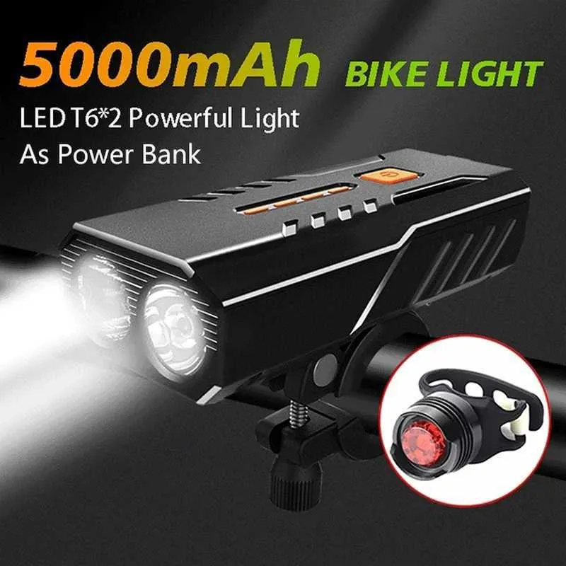 2021 Ny cykel 5000mAh Front S USB uppladdningsbar Lamp Mountain Bicycle Light Outdoor Cycling Accessaries As Power Bank 0202