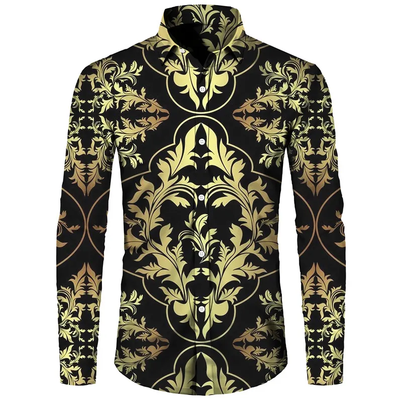 Mens Casual Shirts Fashion Golden Flower 3D Print Mens Butted Shirts Barock Style Turndown Collar Long Sleeve Tops Casual Social Party Clothes 230202
