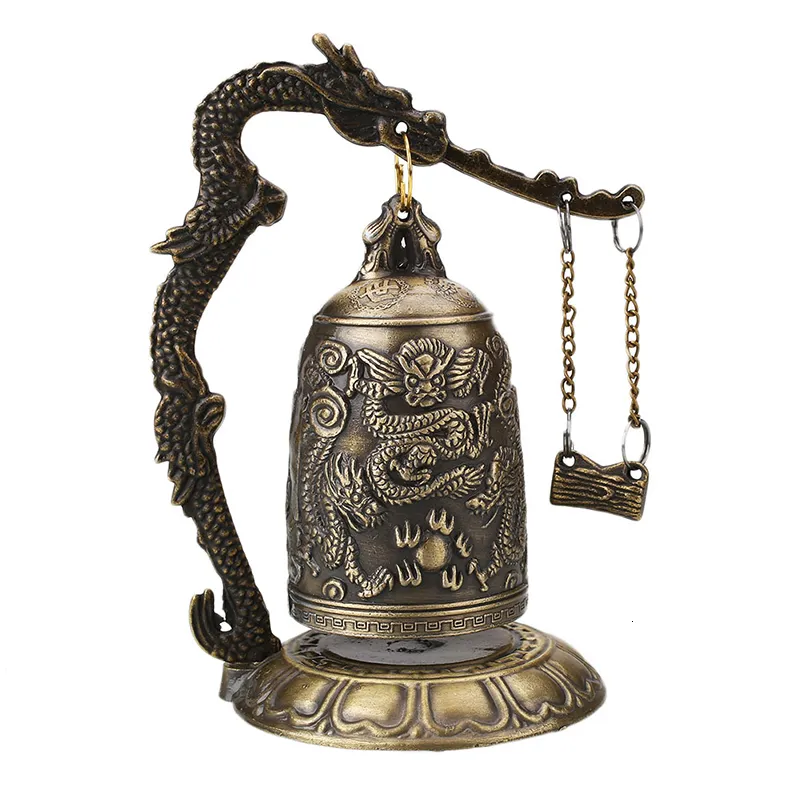 Dekorativa föremål Figurer Buddhism Temple Brass Copper Dragon Bell Clock Casted Statue Lotus Buddha Arts Home Crafts 230201