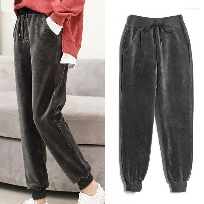 Calça feminina feminina Mulheres Veludo espessura Autumn Cintura alta perna reta Perna reta Corre as calças de bolso quente Moda Vintage Casual Rogging