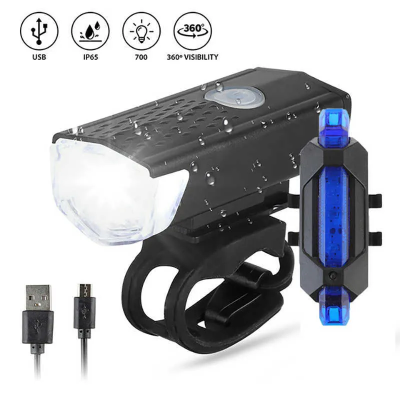 S LED -cykelfront strålkastare bakre bakljus USB uppladdningsbar baklampa Ficklampan Cykel Ljuscykeltillbehör 0202