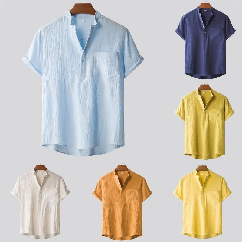 Camisetas para hombre, camiseta de Hip Hop con cuello redondo para hombre, blusa Retro de manga corta sólida de lino de Color puro Vintage para el hogar, moda de verano para hombre