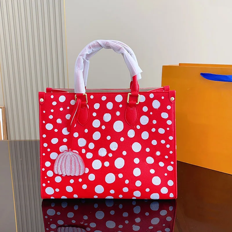 Women s Polka Dot Tote Designer Leather Shoulder Bag Pumpkin Canvas Beach Purse
