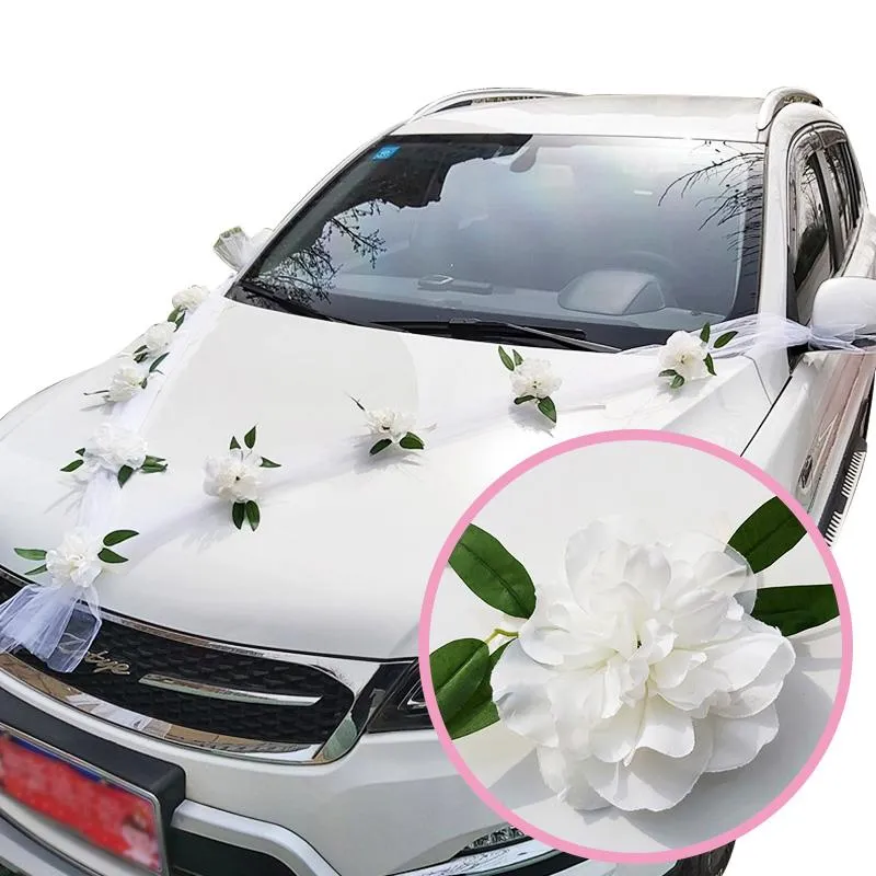 Decoratieve bloemen kransen bruiloft auto high-end witte roos kunstmatige bloem bruids decoraties deur festival banket handvat linten zijden