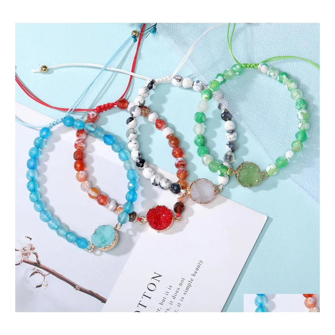 Beaded Strands Natural Stone Agate Bead Armband f￶r kvinnor handgjorda druzy hartsfl￤tade armband v￤nskapsmycken g￥vor sl￤pp deli ot6np