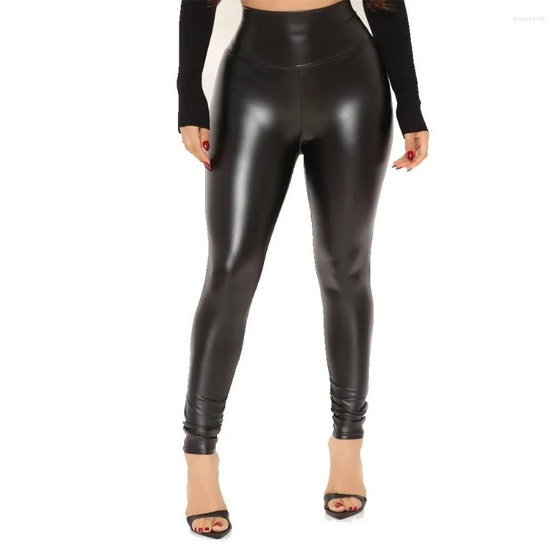 Calça feminina 2023 Cantura alta feminina elástica Slim Pu Troushers Biker Biker Couro apertado Temperamento Moda magro