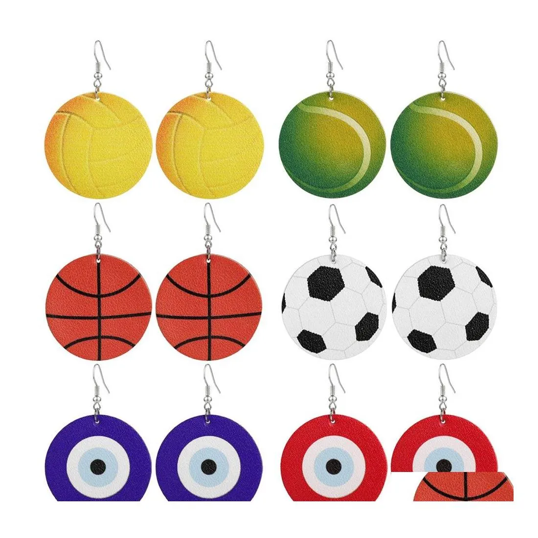 Charm Fashion Sports Ball Print Teardrop Dangle Leather Earrings Basketball Vollyball Evil Blue Eye Light Weight Round Ear For Drop Otpwy