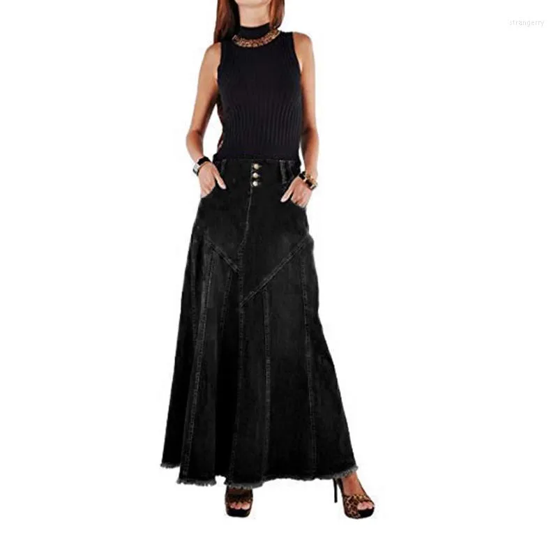 Skirts Jean 2023 Fashion Vintage Autumn Midi Denim Skirt Women High Waist Button Pockets Split Asymmetric Straight Jupe Mujer