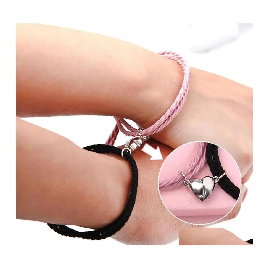 Bracelets de charme 2pcs couple minimaliste coeur amitié bracelet cheveux corde tressée distance magnétique amoureux correspondant drop livraison je otibl