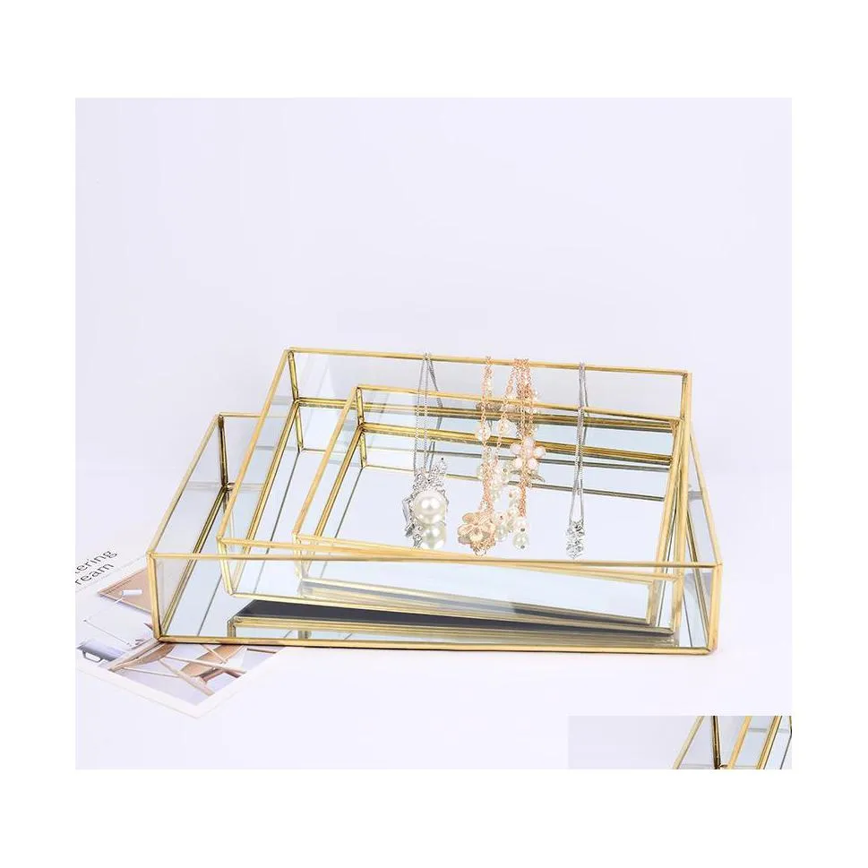 Badezimmer-Aufbewahrungsorganisation Glas-Make-up-Organizer-Box Kosmetik mit goldenem Rand Schmuck Pinsel Lippenstift Drop Lieferung Home Garde Dh1Xh