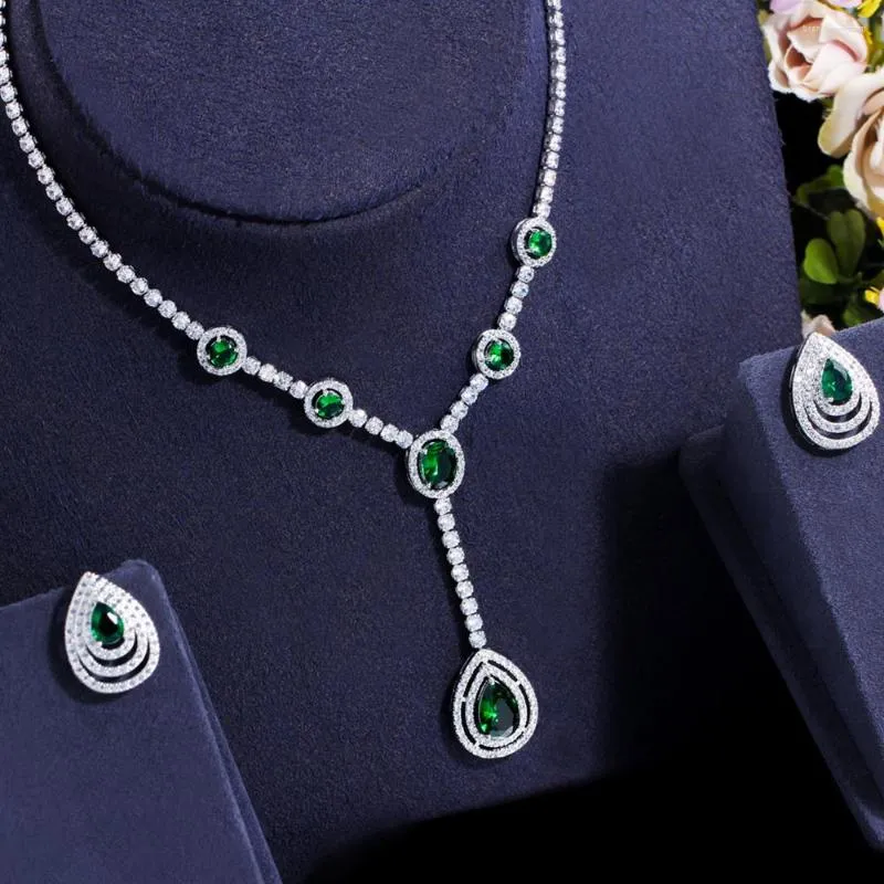 Necklace Earrings Set BeaQueen Long Pendant And For Ladies Bridesmaid Green White Crystal Cubic Zirconia Wedding JS309