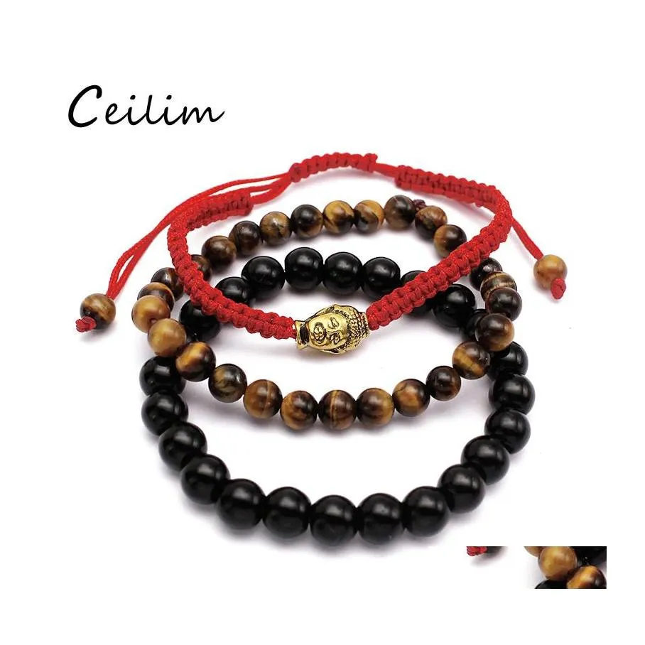 Beaded Strands Fashion Jewelry 3 Piece/Set Buddha Chakra Bracelet For Women 6Mm Tigereye 8Mm Black Stone Bead Charm Yoga Wholesaler Otmmt