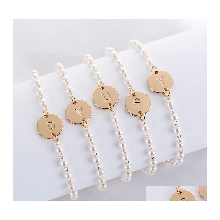 Link Chain Creative AZ Alphabet Initial Armband Summer Jewel Pearl Bead For Women Girls Party Wedding Drop Delivery Armband OTV7F