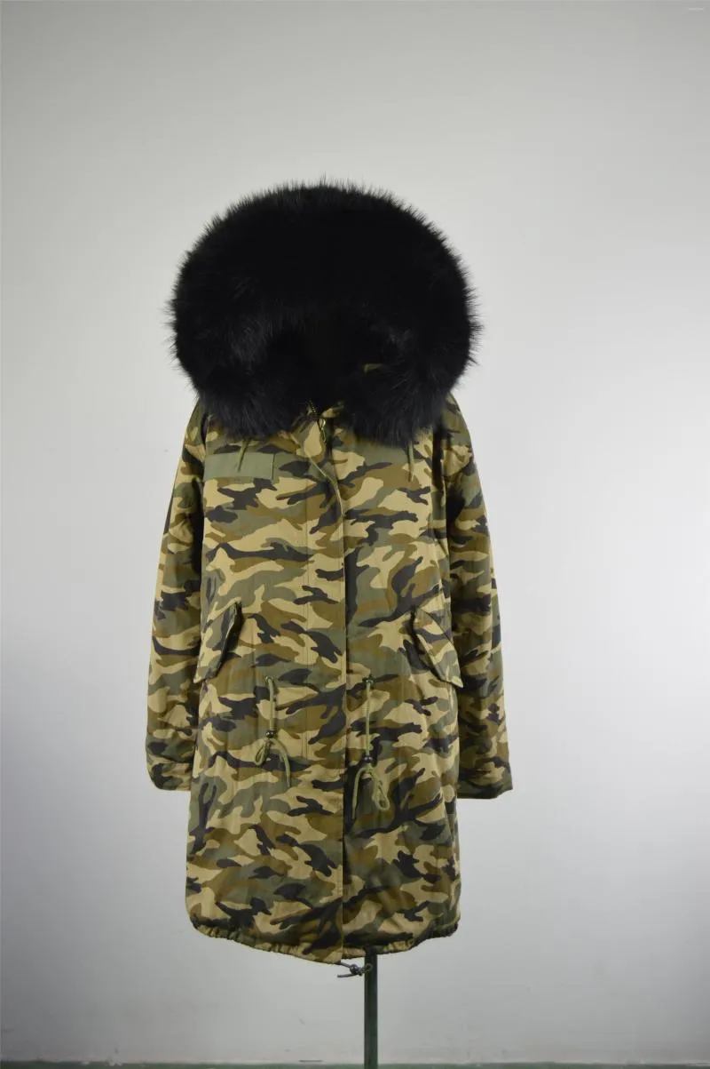 Men's Down Meifng Design longue parka avec camouflage de fourrure noir