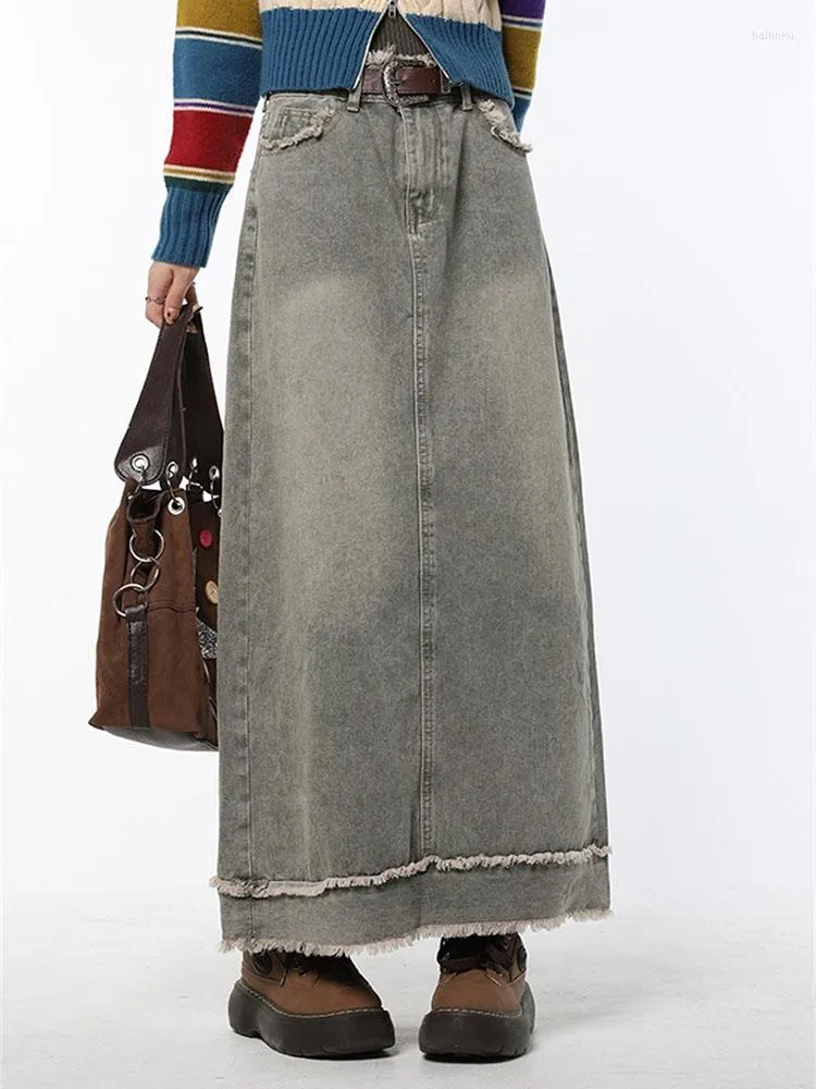 Jupes mode rétro longue automne hiver Denim filles taille haute bouton poches amples droite Maxi 2023