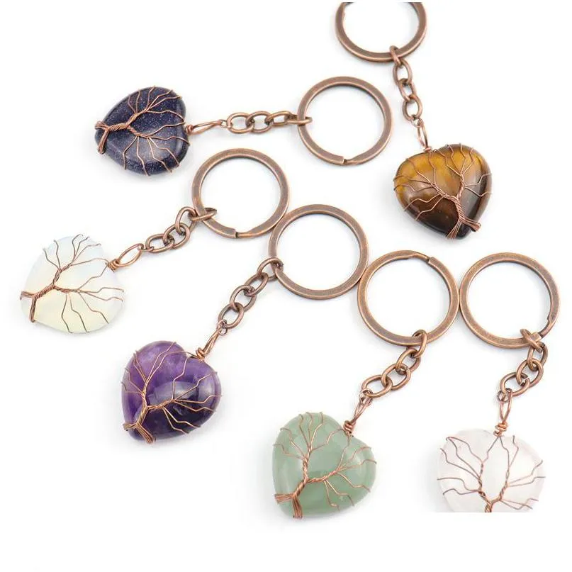 Porte-clés Rétro Fait Main Arbre De Vie Coeur Pierre Naturelle Guérison Cristal Quartz Porte-clés Clés Chaîne Anneau Drop Delivery Jewel Dhgarden Dhssy