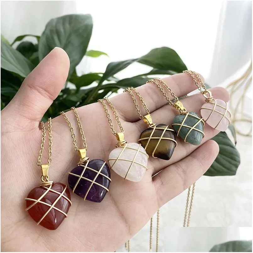 Pendant Necklaces Gold Color Wire Wrap Love Heart Shape Natural Stone Mixed Necklace Jewelry Accessories Making Wholesale Dr Dhgarden Dhwpl