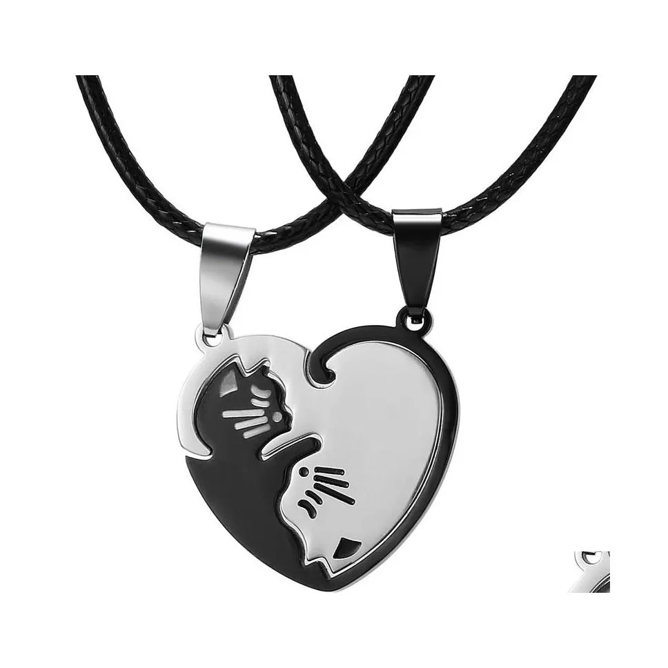 Pendant Necklaces Animal Black White Cat Stitching Necklace Simple Friendship Gift Heart Shape Gold Cute Couple Jewelry Drop Deliver Dhblw