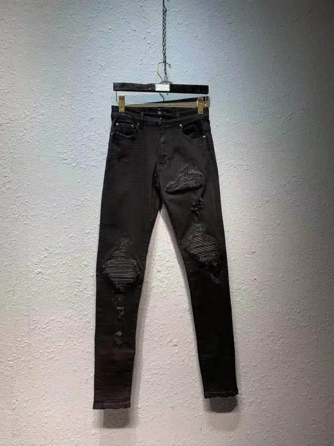 Herr jeans män ribbade läder lapp stretchy mager oroliga svarta jeansmän