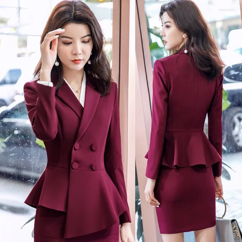 Vestido de duas peças 2023 Autumn Winter Formal Ladies Vinho Blazer Feminino Combines Business Blue Sets Work Work Use Office Uniform 4xl Pants Jaqueta