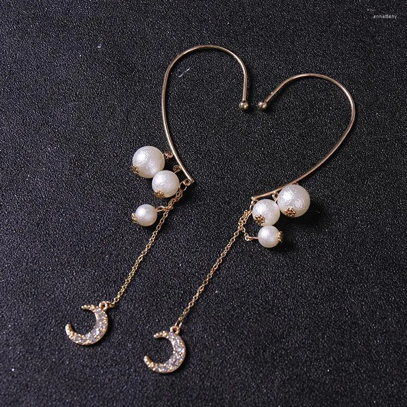 Dos Boucles D'oreilles Style Coréen Or Couleur Perles Cristal Long Gland Lune Oreille Manchette Femmes Pas De Piercing Clip Sur Tempérament Partie Bijoux