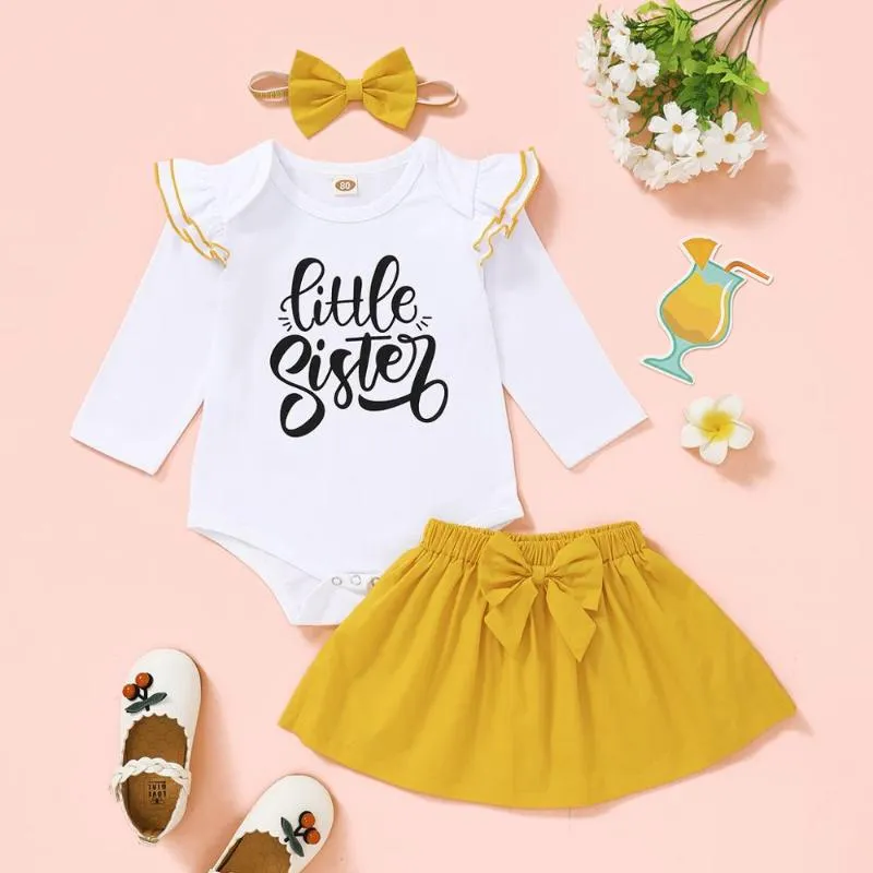 Ensembles de vêtements pour bébés filles de 3 à 6 mois, manches longues, barboteuse blanche, jupe jaune unie, tenue d'hiver pour bébé