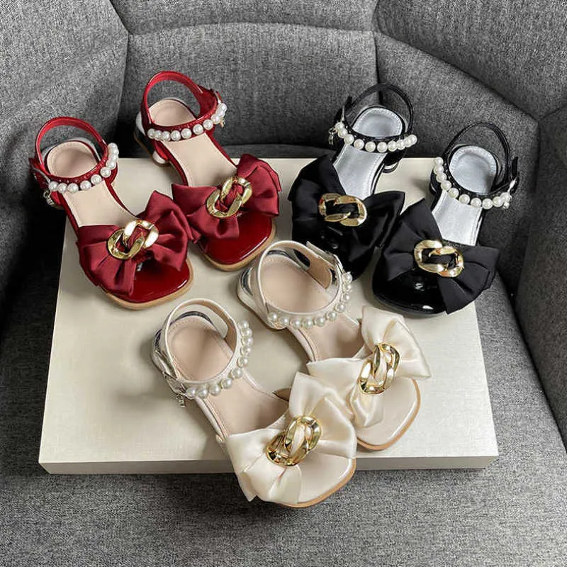 Luxury Girl's Sandals Ribbon Metal Decor Square Toe Children Summer Low Heel Party Beautiful 26-36 Three Colors Kids Shoes 0202