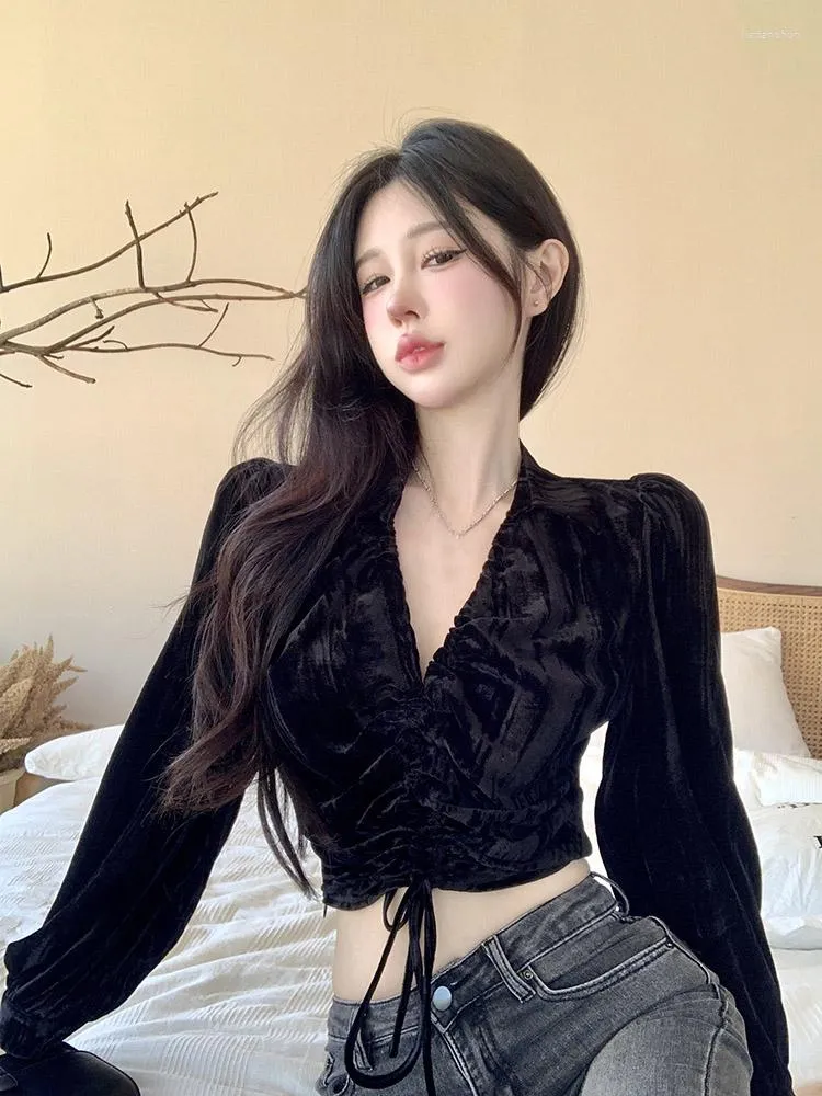 Women's Blouses Y2k Aesthetic All Match Blouse Women 2023 Korean Fashion Blusas Elegantes De Mujer Bandage Vintage V Neck Sexy Crop Tops