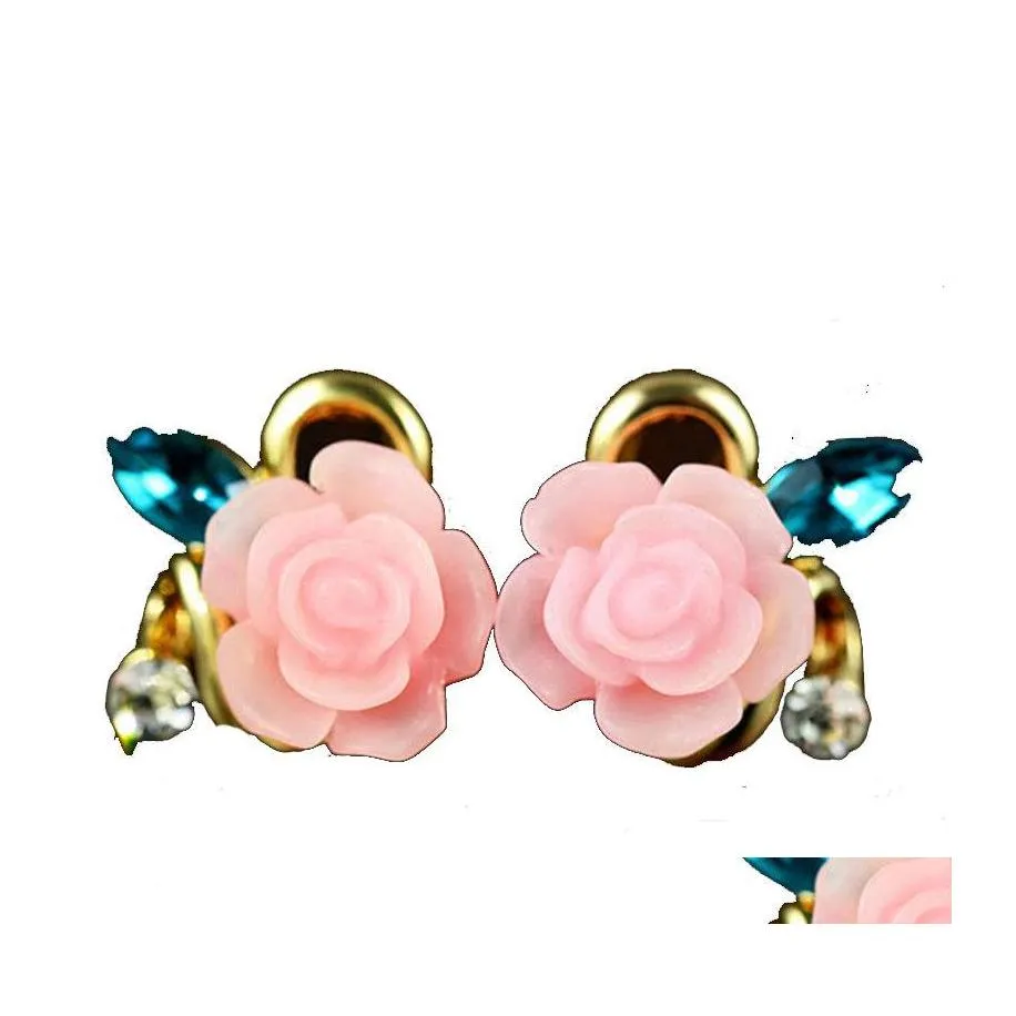 Stud Beauty Earrings Alloy Rose Flower With Crystal Cute Resin Ear Jewelry Women Girls Wedding Party 3541 Q2 Drop Delivery Dh9Ju