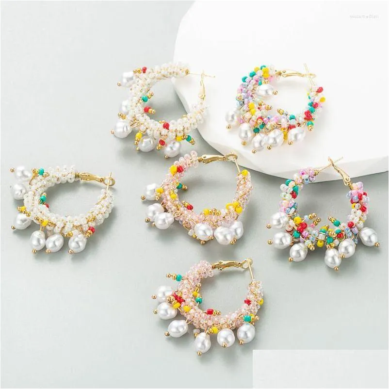 Hoop Huggie Earrings Elegant Pearl Beaded Earring Fashion Bohemia Colorf Beads Big Trendy Women Hoops Luxury Ethnic Jewelry Drop De Dhw1X