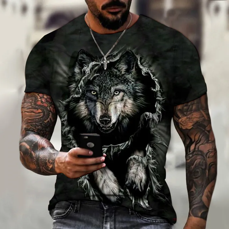 Hip Hop Sportwear Punk décontracté piste ample automne hommes Cool impression loup 3d T-shirt