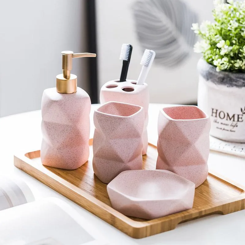 Bath Accessory Set Bathroom Ceramic Soap Dispenser Toothbrush Holder Cup Dish Tray Kitchen Liquid Container Decoration Accessories