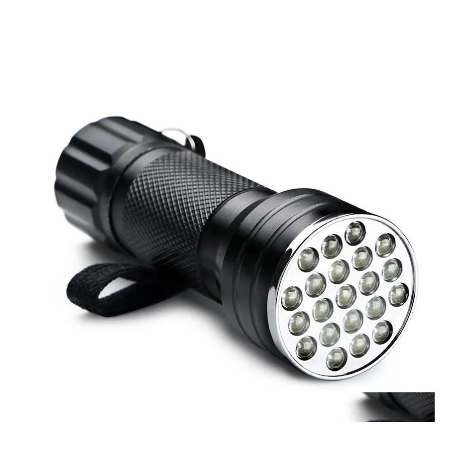 Facklor lila 395lm 21led UV Tra Violet ficklampan Torch Light Lamp Mini Flash f￶r Blacklight Invisible Aluminium Alloy Drop Deliver DHC7N