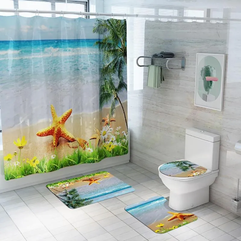 Waterproof Flower Shower Curtain Set With Non Slip Rugs And Toilet