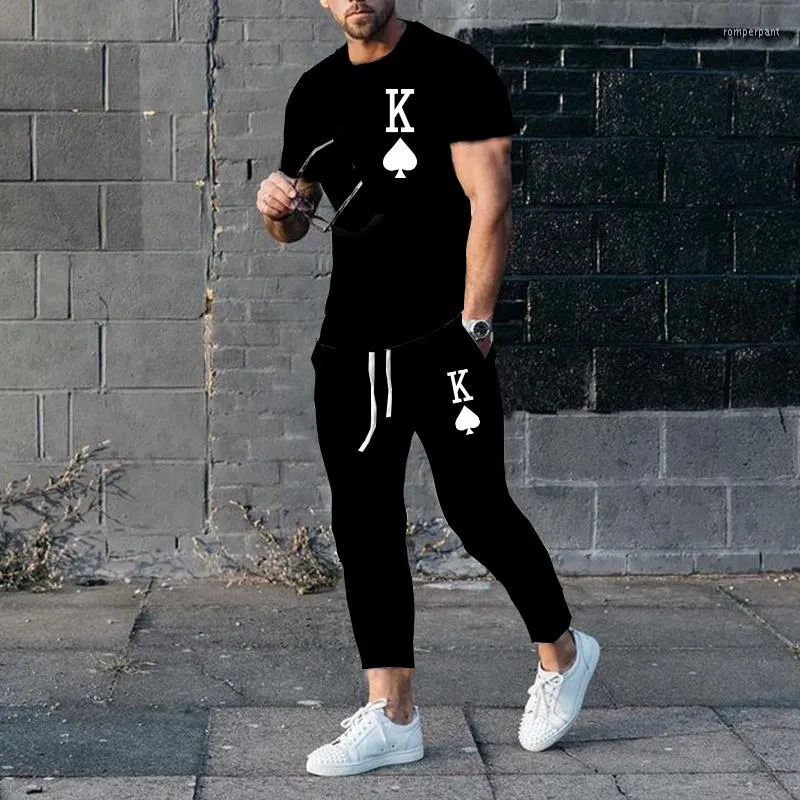 Men's Tracksuits 2023 Summer Men's Casual 3D Printed T-shirt Suit Fashion Fun Spades KO Collar Trousers Outdoor Trend Sports
